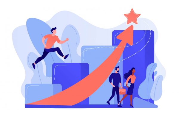 Successful businessman running up the career stairs and rising arrow to a star. Career growth, careerbuilder, career development concept. Pinkish coral bluevector isolated illustration