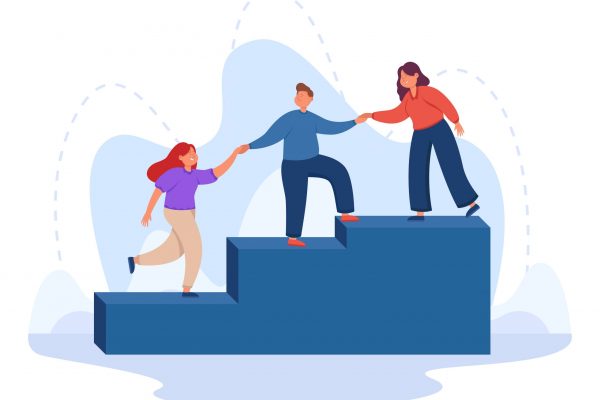 Help and support to climbing employee from mentor or leader hand. Team of corporate people walking up ladder together flat vector illustration. Success career growth, leadership, teamwork concept